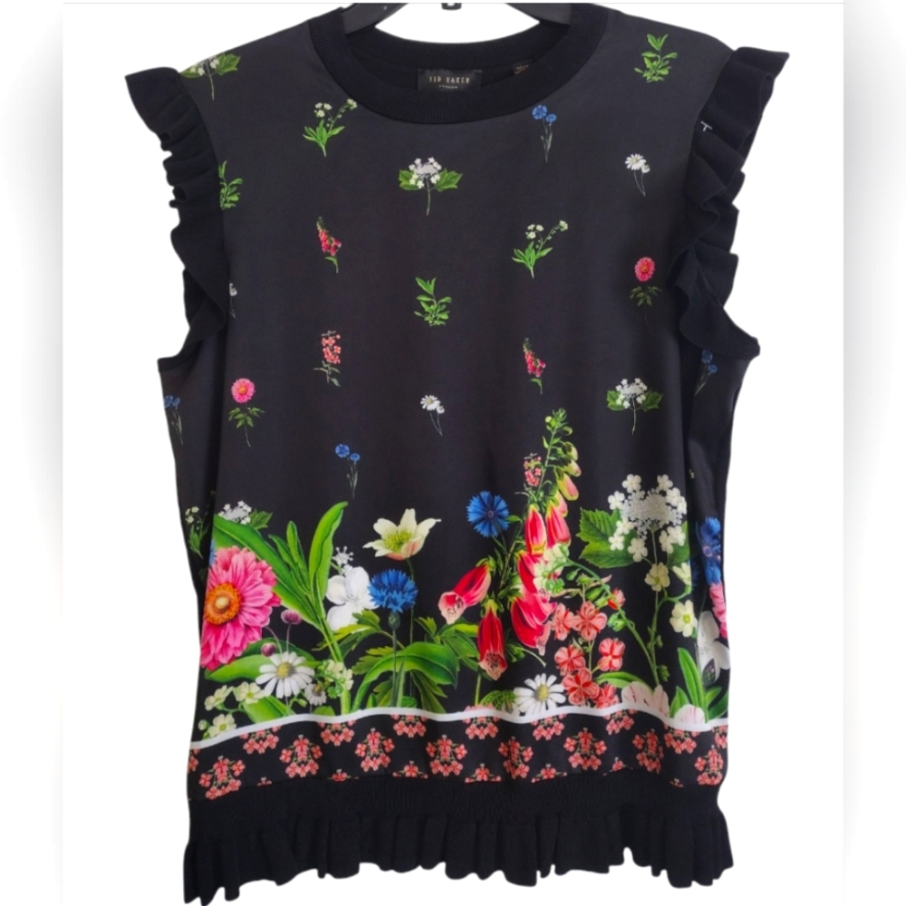 Ted Baker Myshell Florence Sleeves Ruffle Black Floral Top Size 8 (TB 3)